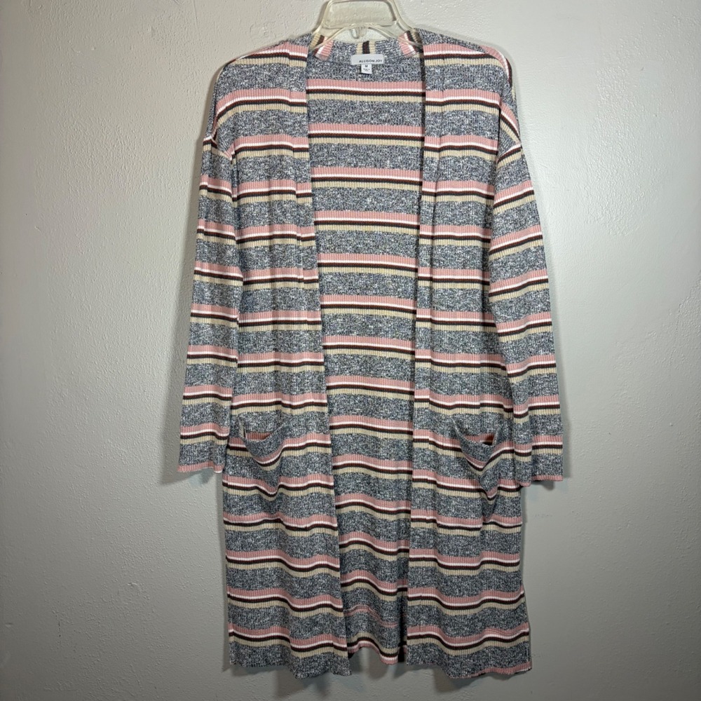 Allison Joy Striped Ribbed Longline Cardigan Grey Pink Medium‎ Pockets Side Slit